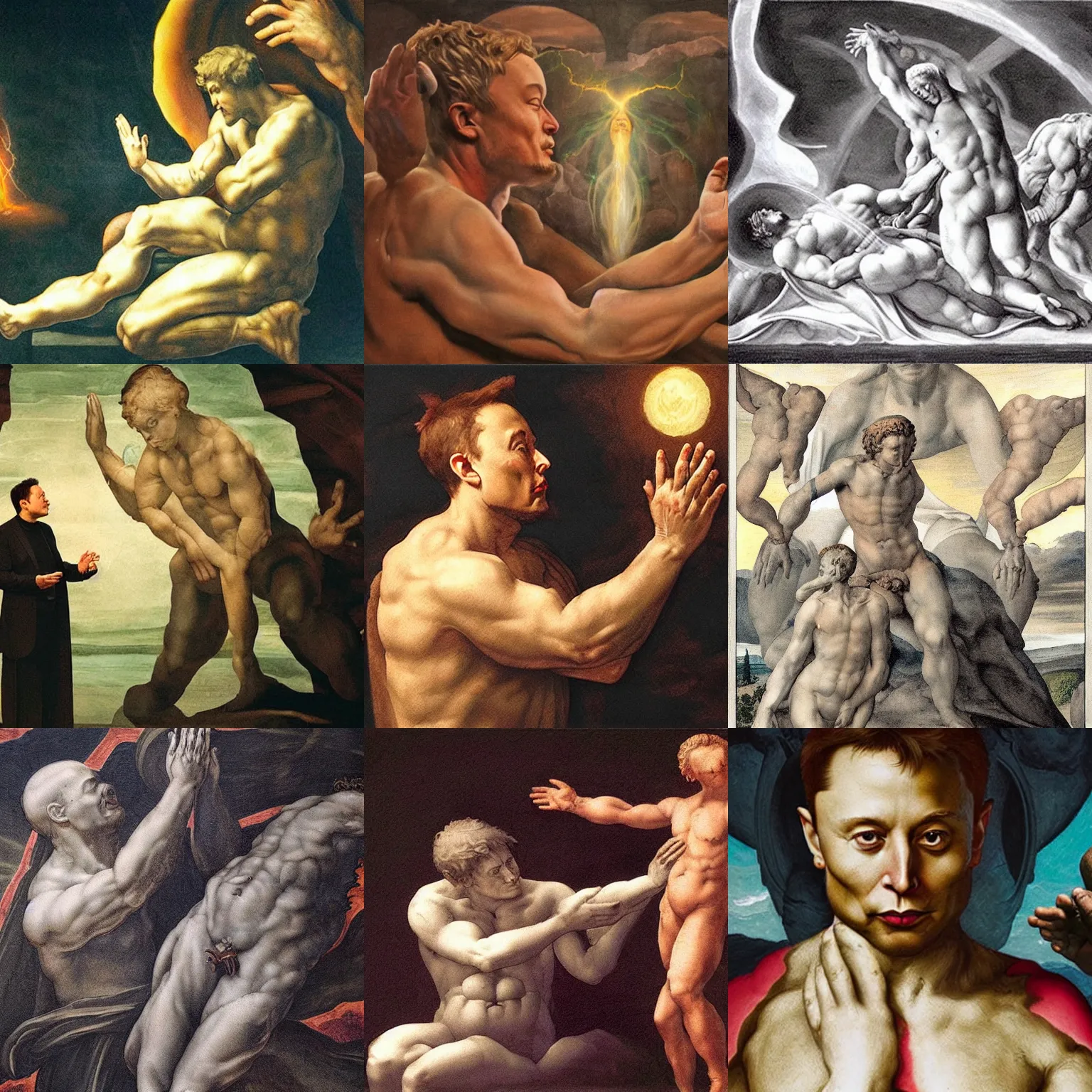 Prompt: elon musk praying to a demon, art by michelangelo, extremely detailed