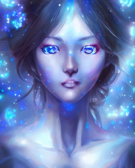 Image similar to A realistic anime portrait of a beautiful cosmic woman with glowing blue eyes and skin made of universes wearing clothes made of galaxies, digital painting, by Stanley Artgerm Lau, Sakimichan, WLOP and Rossdraws, digtial painting, trending on ArtStation, SFW version