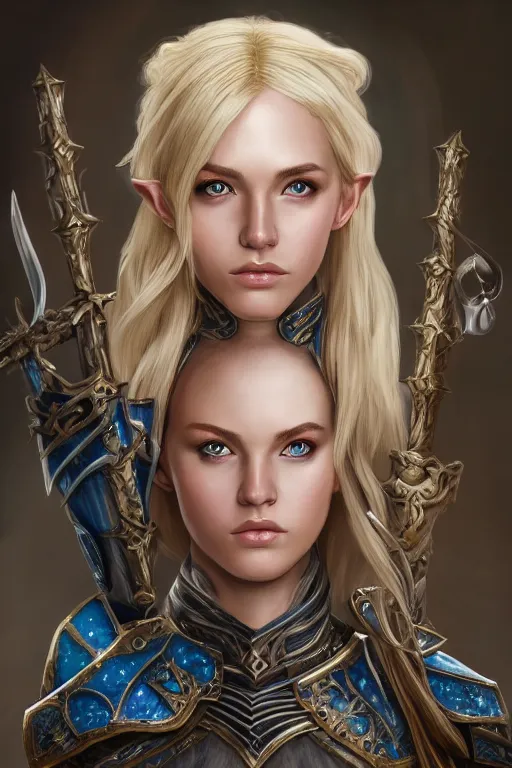 Image similar to highly detailed full body portrait painting of a proud young female elven knight in the style of Warhammer Fantasy by Artgerm and Arian Mark, medium length blonde hair, blue eyes, sapphire earrings, no helmet, low angle shot, highly detailed, trending on artstation, cgsociety, 4k, 8k, HDR, octane render, unreal engine