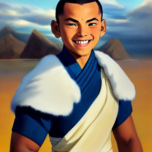 Image similar to beautiful serene intricate portrait of sokka from the water tribe as a young inuit man with blue eyes, smiling softly, relaxing on the beach, golden hour, soft focus, 8 k, art by irakli nadar, hyperrealism, hyperdetailed, ultra realistic