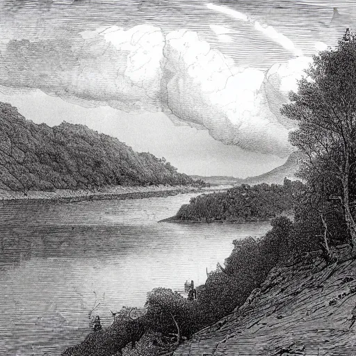 Image similar to Drawing of the Rhein, forest, high detail, clouds, realistic, illustration by Gustave Doré