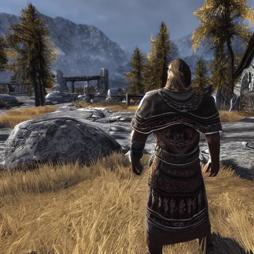 Image similar to saul goodman visits whiterun skyrim, highly detailed, realistic