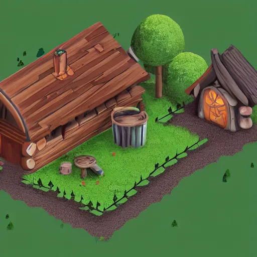 Image similar to concept art of a cabin in the woods, isometric view, unreal engine