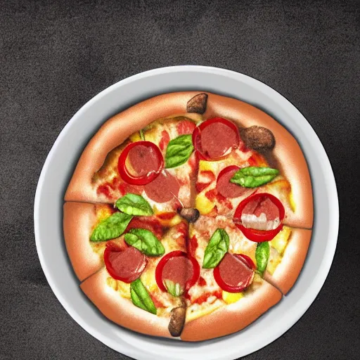 Image similar to a bowl made out of pizza, hyper realistic