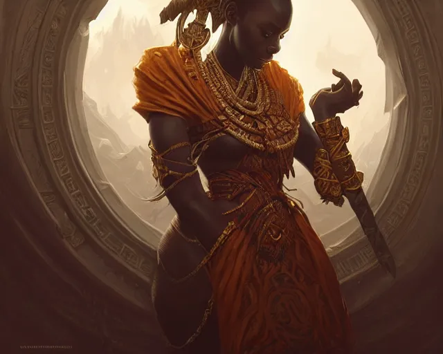 Image similar to ugandan king, deep focus, d & d, fantasy, intricate, elegant, highly detailed, digital painting, artstation, concept art, matte, sharp focus, illustration, dark fantasy style art, hearthstone, art by artgerm and greg rutkowski and alphonse mucha