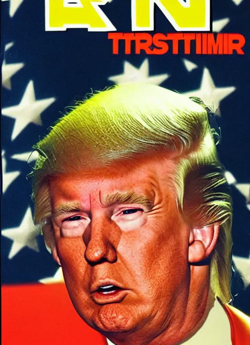 Image similar to an 8 0's john alvin action movie poster of donald trump starring in trumpster fire. explosions.