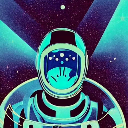 Prompt: retro sci-fi poster 1950’s dead space astronaut in a futuristic city made of glass, reflection of a female shadow silhouette in the glass helmet, the astronaut is under stars and moon. It is art deco style, 1950’s, glowing highlights, teal palette. Horror, dramatic Simple shapes,
