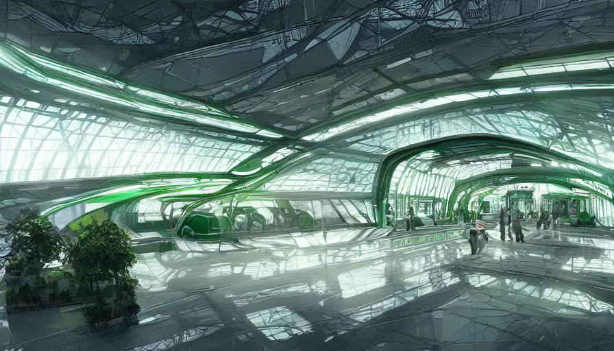 Image similar to interior of a green and white futuristic train station, hyperdetailed, artstation, cgsociety, 8 k