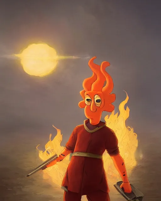 Prompt: wide shot, detailed photorealistic ( cartoony ) face, squidward, wearing fire nation clothing and practicing firebending outside at susnset, [ greg rutkowski ]