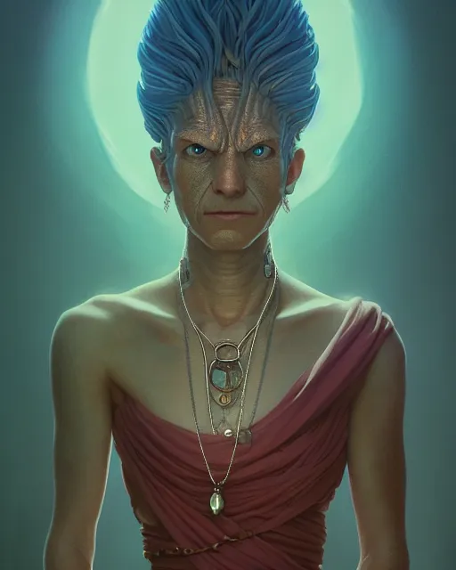 Image similar to highly detailed surreal vfx portrait of a lizard person with a necklace, wearing a toga, stephen bliss, unreal engine, greg rutkowski, loish, rhads, beeple, makoto shinkai and lois van baarle, ilya kuvshinov, rossdraws, tom bagshaw, alphonse mucha, global illumination, detailed and intricate environment