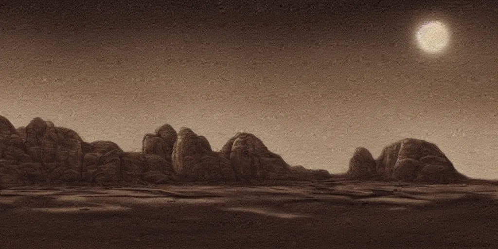 Prompt: a realistic rooftop sepia - toned painting of wadi rum at night, dark, brooding, atmospheric, lovecraft