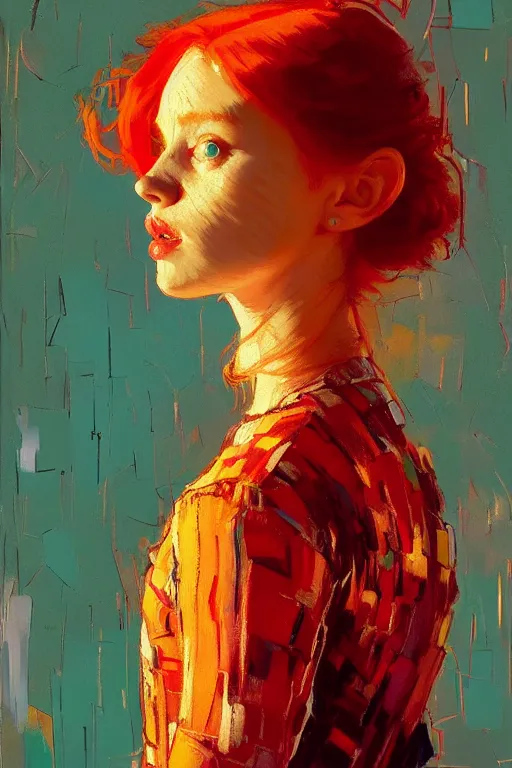 Image similar to portrait of a beautiful redhead girl, complementary colors, beautiful face, rule of thirds, intricate outfit, spotlight, by greg rutkowski, by jeremy mann, by francoise nielly, by van gogh, digital painting