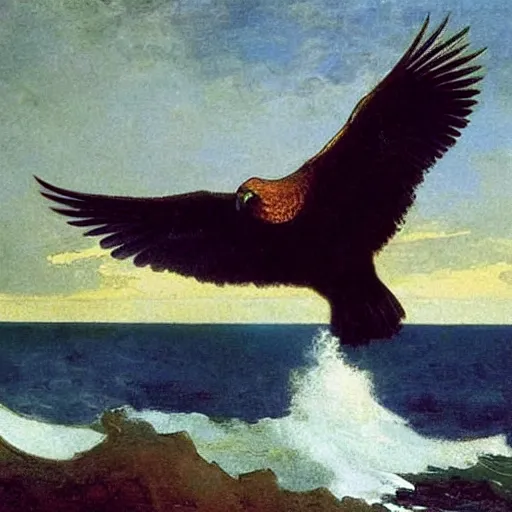 Prompt: huge bird with its feet standing in the ocean, painting by albert bierstadt and winslow homer, highly detailed