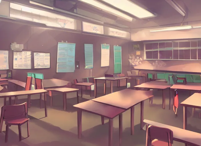 Anime classroom, empty, digital art, background, soft, Stable Diffusion