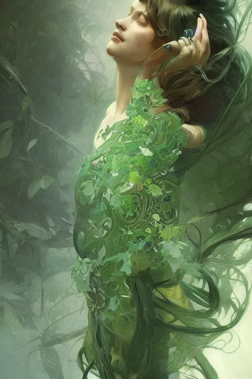 Image similar to perfect green, dreamy and ethereal,, fantasy, intricate, elegant, highly detailed, digital painting, artstation, concept art, smooth, sharp focus, illustration, art by artgerm and greg rutkowski and alphonse mucha