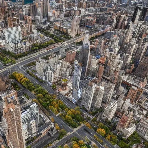 Image similar to top down aerial view of dilapidated manhatten in real life, desolate with zombies, dilapidated, zombies in the streets, nightmarish, some rusted style parked vehicles, sunny weather, few clouds, volumetric lighting, photorealistic, daytime, autumn, sharp focus, ultra detailed, cgsociety