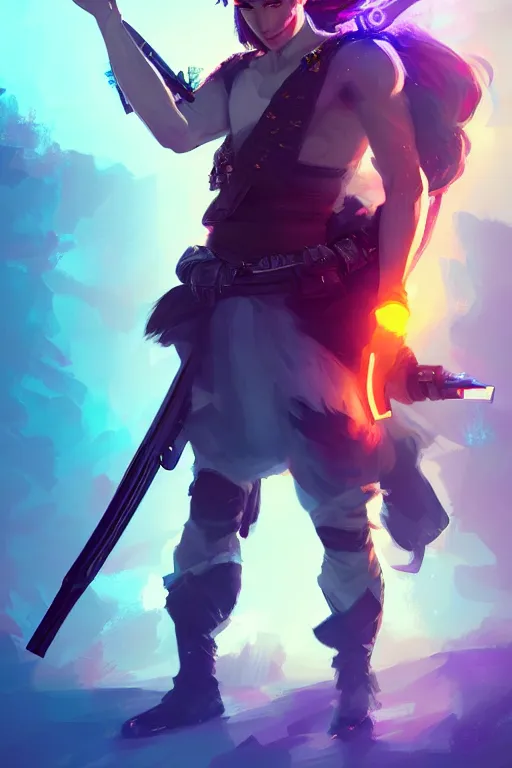Prompt: a handsome young warrior with a gun in his hand, blurred environment background, colorful magic effects, white skin, portrait, male, clothed, sharp focus, digital art, concept art, trending on artstation, dynamic lighting, by emylie boivin and rossdraws