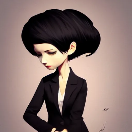 Image similar to slim girl in tuxedo with short black hair, elegant, 2d, ultra highly detailed, digital painting, smooth, sharp focus, artstation, art by Ilya Kuvshinov