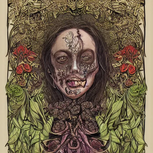Prompt: a beautiful detailed front view portrait of a rotten woman corpse with fractal plants and fractal flowers and mushrooms growing around, symmetrical, ornate, ornamentation, illustration, in the style of art nouveau