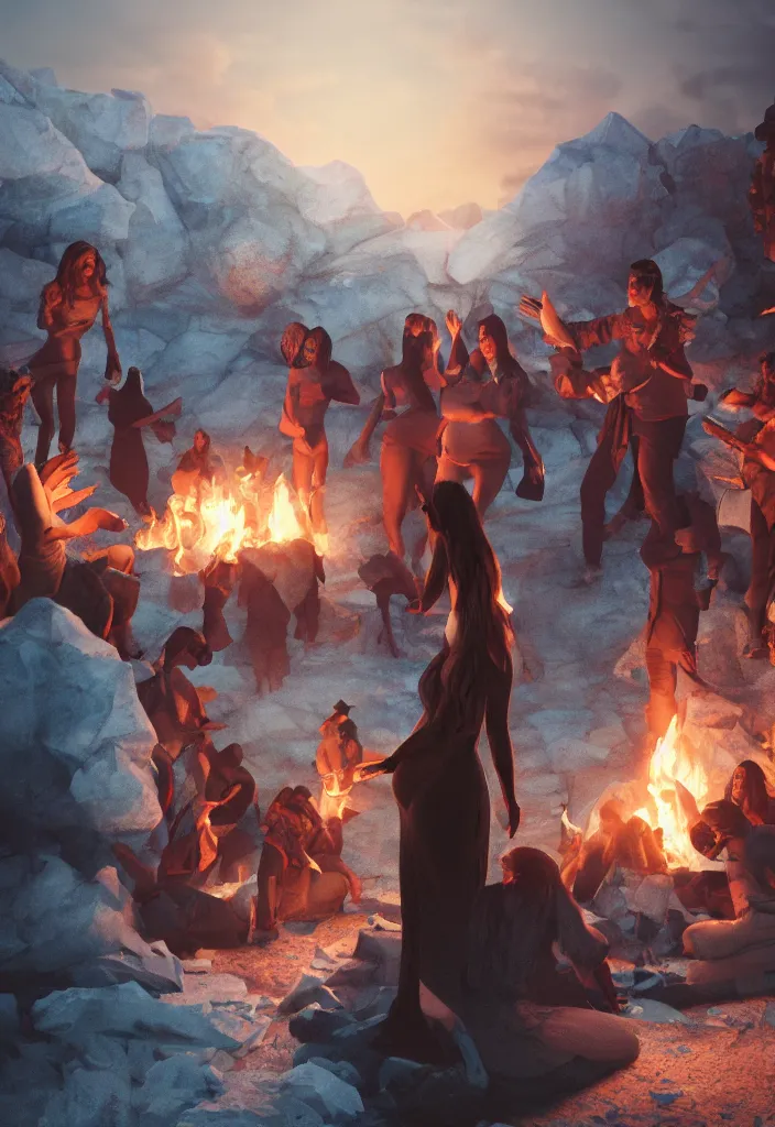 Image similar to epic leader pregnant woman talking to all her tribe around a bonfire, proud people looking at the pregnant woman, ice cave, facinating, fantasy digital art, octane render, beautiful composition, trending on artstation, award - winning photograph, masterpiece