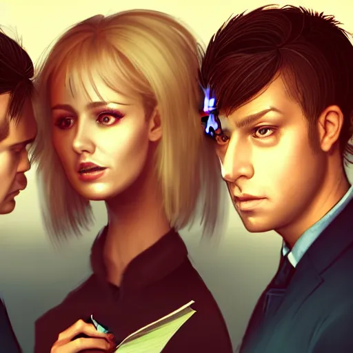 Image similar to realistic portrait of three male and one female characters look intensely at a terrified female author looking at some written notes, aesthetic!, trending on artstation, detailed digital art,