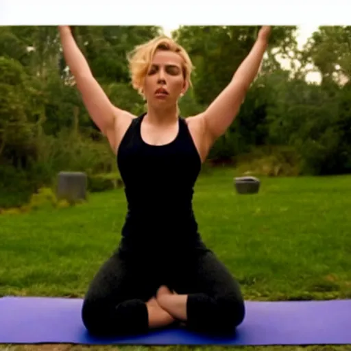 Image similar to cinematographic shot of scarlett johansson doing yoga with an angry face