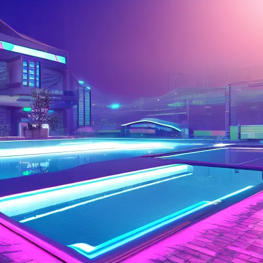 Prompt: A ray of light glimmering over a pool in a futuristic setting, cyberpunk, neon lights, pastel colours, 8k render octane engine, extremely detailed