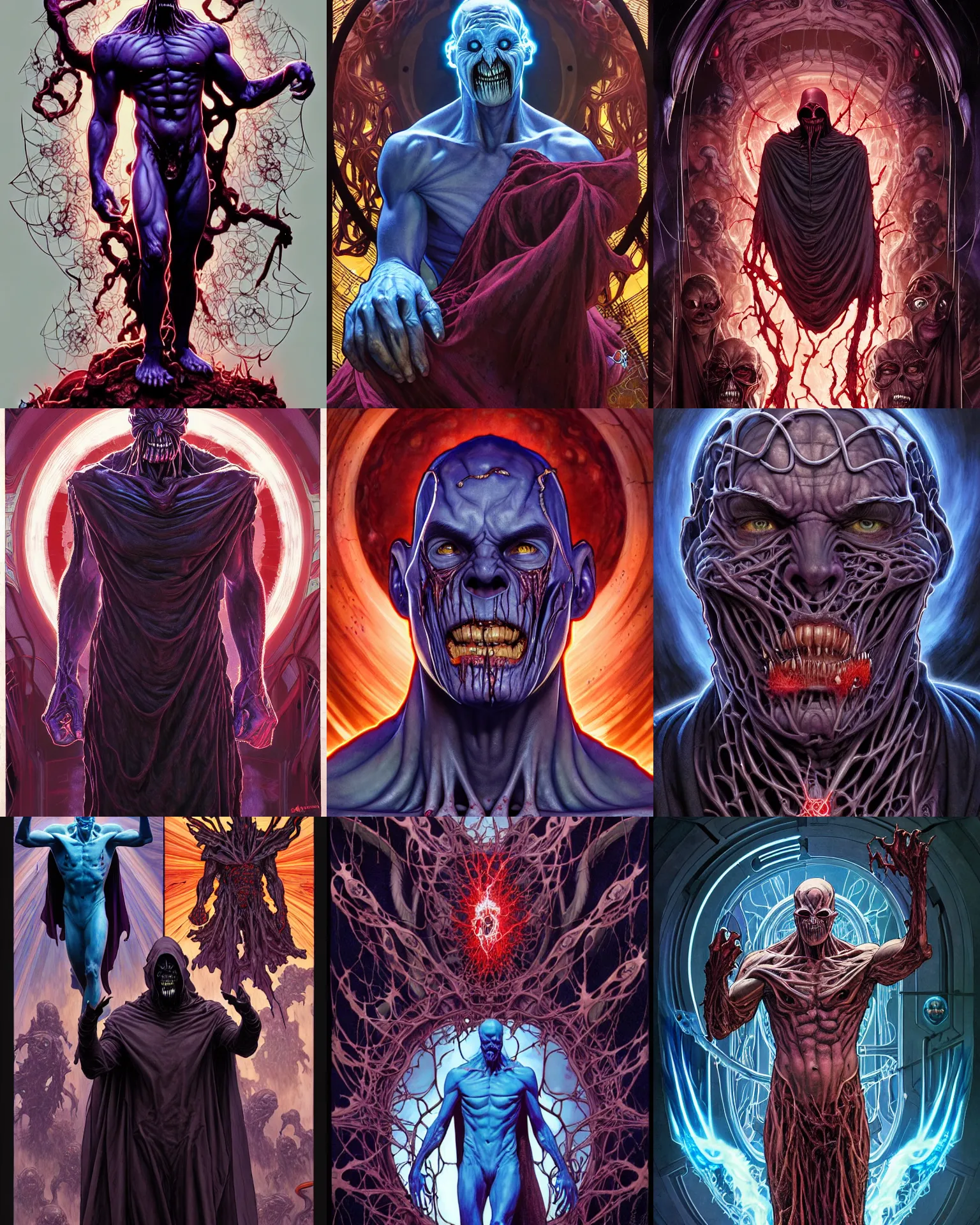 Prompt: the platonic ideal of abstract of cletus kasady ultimate carnage thanos dementor doctor manhattan chtulu nazgul, detailed, intricate, hyperrealism, intense, scary, decay, dmt, art by brock hofer and artgerm and greg rutkowski and alphonse mucha