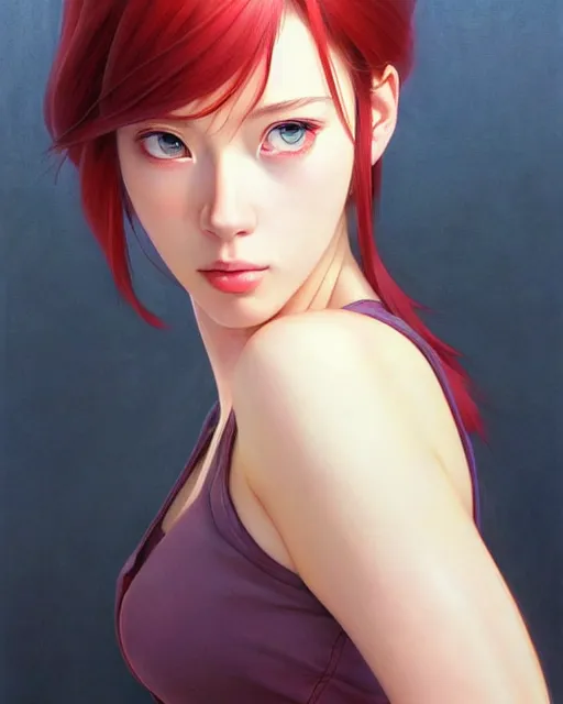 Image similar to portrait Anime girl Scarlet Johanson. fine-face, pretty face, realistic shaded Perfect face, fine details. Anime. realistic shaded lighting by Ilya Kuvshinov katsuhiro otomo ghost-in-the-shell, magali villeneuve, artgerm, rutkowski, WLOP Jeremy Lipkin and Giuseppe Dangelico Pino and Michael Garmash and Rob Rey in official suit