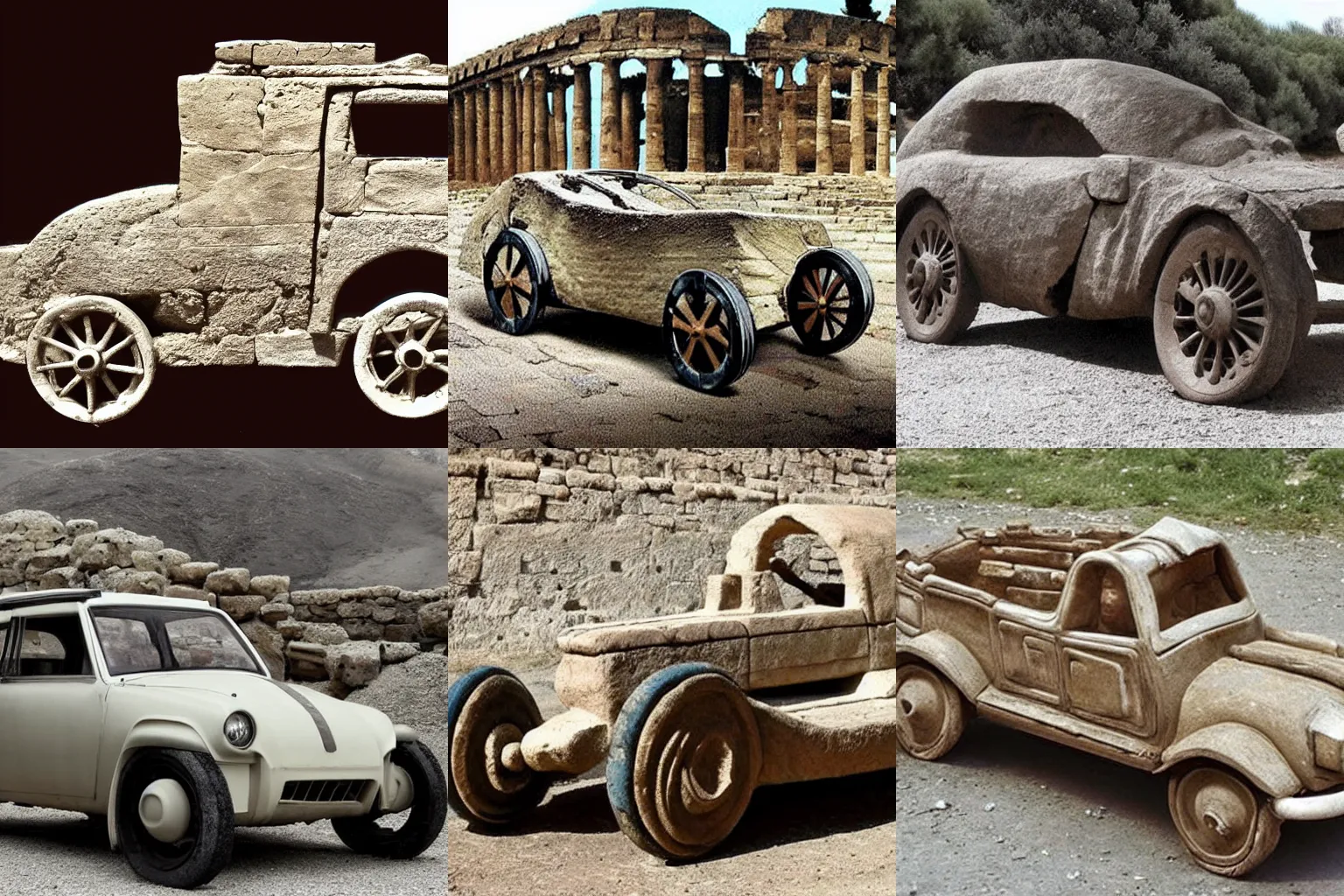 Image similar to a car made by ancient greeks using ancient technology