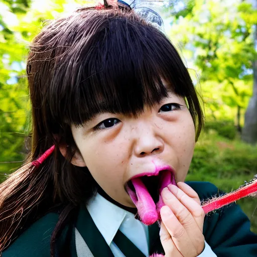 Image similar to National Geographic photo of angry japan school girl with spiders in her mouth