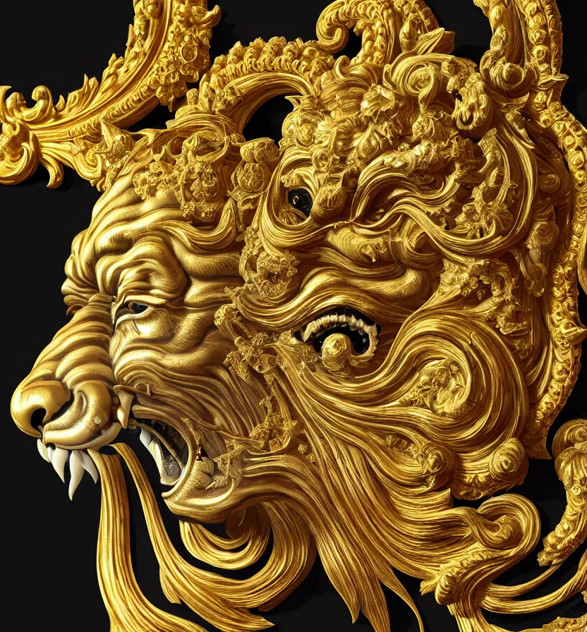 Prompt: beautiful portrait of a large ornate and intricate rococo carved marble and gold tiger face, 3 d, photorealistic, symmetric, front facing, centered, hyper detailed, gold plated on black background, wallpaper, detailed and intricate emblem, baroque medallion,