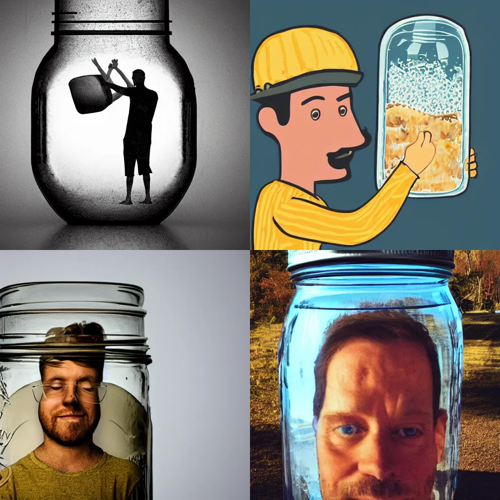 Prompt: A man inside of a mason jar being looked at by a giant.