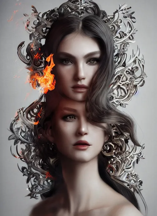 Image similar to 3d fashion portrait with fire, female, future, torch, flame, harper's bazaar, vogue, fashion magazine, intricate, concept art, close up, ornate, luxury, elite, elegant, trending on artstation, by ruan jia, by Kenneth Willardt, by ross tran, by WLOP, by Andrei Riabovitchev,