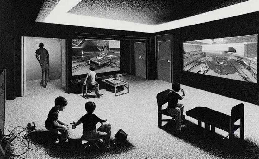 Prompt: two boys playing game at a spacious gaming room, hi - tech gaming setup, highly detailed interior rendering, led lights, 1 9 6 0 s, art deco, unreal engine, art by hugh ferriss