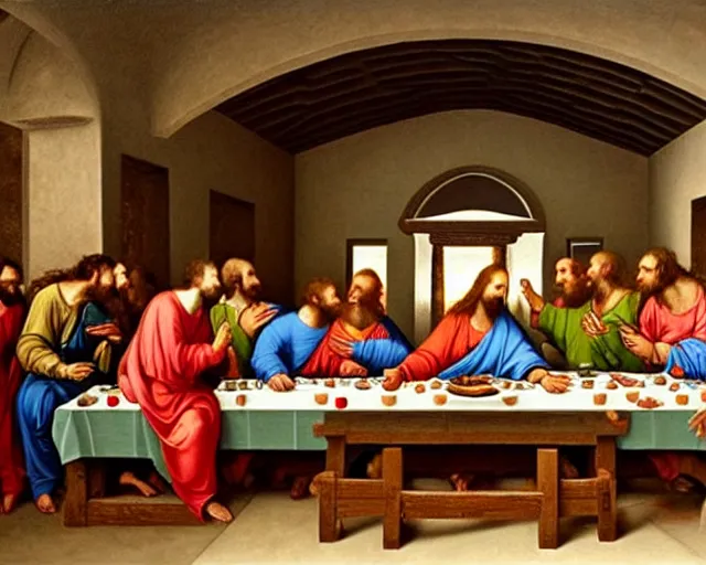 Prompt: beautiful glorious realistic oil painting of the last supper, baroque style, highly detailed and photorealistic, 8 k high detail and intricate