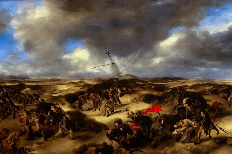 Prompt: a battlefield full of swords in the bare terrain, windy clouds by velasquez, oil painting 4 k