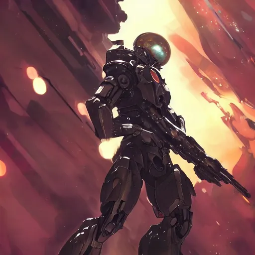 Prompt: manhwa character, armored, beautiful stars, cybernetic, sci-fi space game art, jeon Jungkook holding a gun. alien planet art by Akihito Yoshitomi AND Yoji Shinkawa AND Greg Rutkowski, Mark Arian trending on artstation