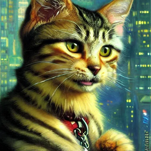 Image similar to portrait of a furry fluffy female tabby cat in a business suit. shadowrun cyberpunk furaffiniy fantasy highly detailed painting by gaston bussiere craig mullins jc leyendecker gustav klimt artgerm greg rutkowski john berkey, bergey, craig mullins, ruan jia, raymond swanland, jeremy mann, tom lovell, alex malveda