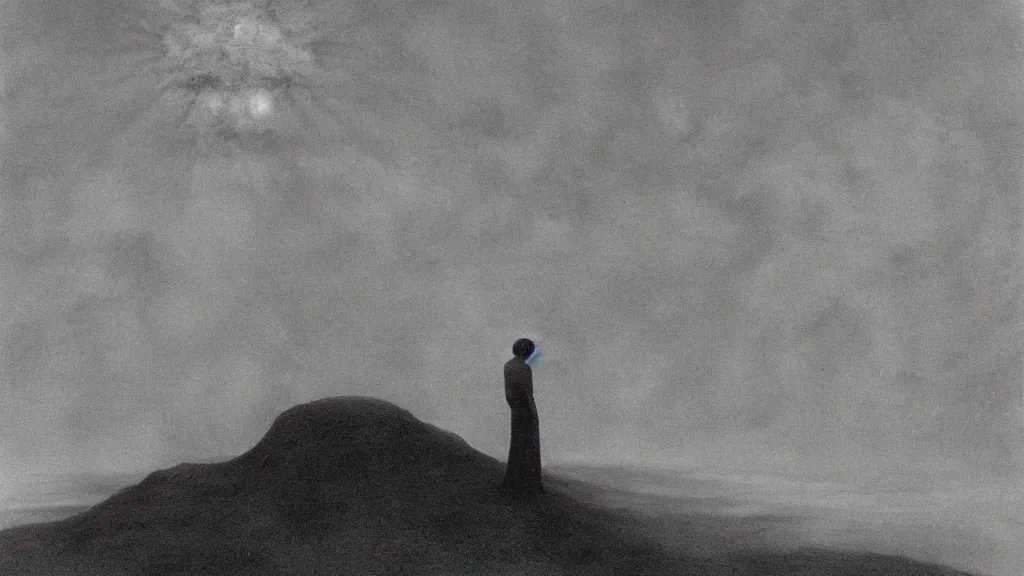 Image similar to a man filters his consciousness by Zdzisław Beksiński, film still, cinematic