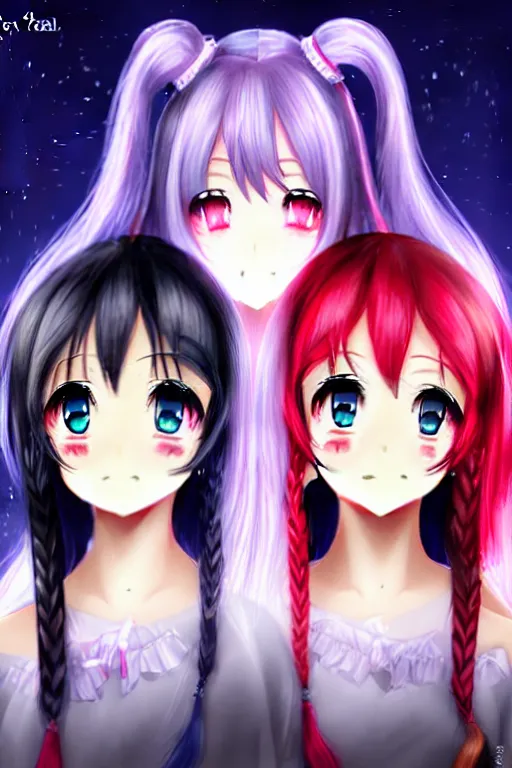 Image similar to two beautiful female idols with twintails facing each other, dark background, detailed anime art