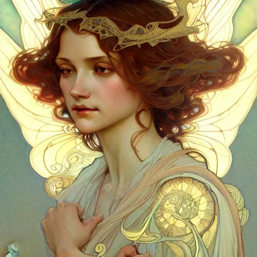 Prompt: Portrait of an angel girl with glowing halo and highly detailed intricate wings, art nouveau, fantasy, intricate, elegant, highly detailed, digital painting, artstation, concept art, smooth, sharp focus, illustration, art by Krenz Cushart and Artem Demura and alphonse mucha