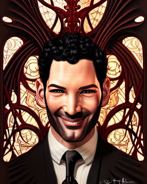 Image similar to tom ellis ( lucifer ) smiling portrait in a burning chair, art nouveau, fantasy, intricate devilish designs, elegant, highly detailed, sharp focus, art by artgerm and greg rutkowski and wlop