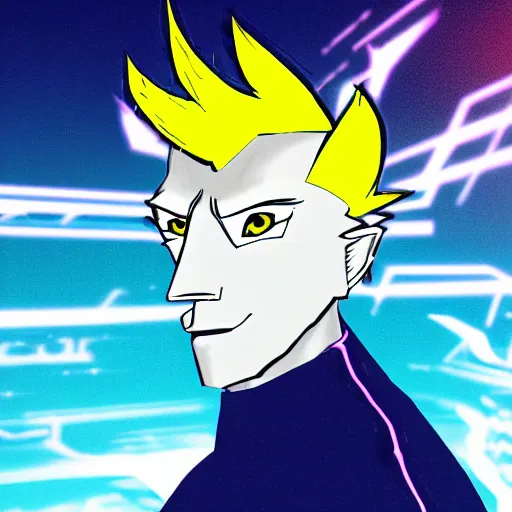 Image similar to portrait of a male humanoid cartoonish wolf with white snout, blue head and light yellow hair looking to the side, synthwave style