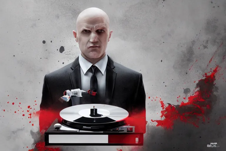 Image similar to an expressive portrait of agent 4 7 from hitman wearing headphones and putting a vinyl record onto a turntable, dark background, red rim light, digita, l