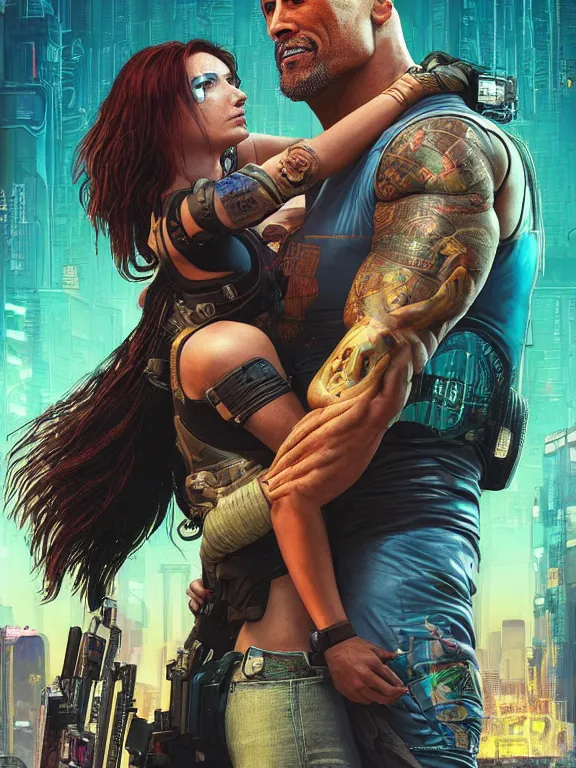 Prompt: a cyberpunk 2077 portrait of Dwayne Johnson hug a female android , complex mess of cables and wires behind them connected to giant computer, love,film lighting, by laurie greasley,Lawrence Alma-Tadema,William Morris,Dan Mumford, trending on atrstation, full of color, mythological, high detailed,golden ratio,cinematic lighting