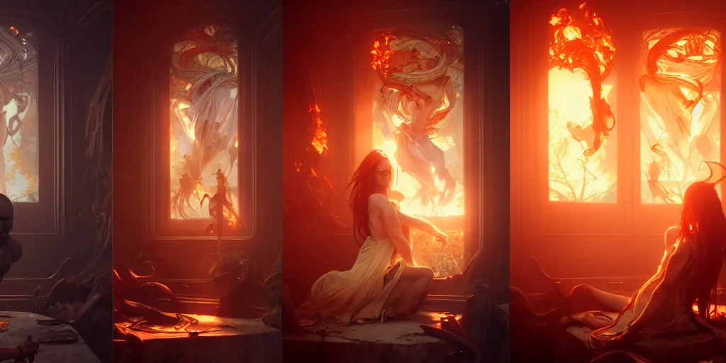 Image similar to ultra realistic, artstation, concept art, natural lighting, by artgerm and greg rutkowski and alphonse mucha and wlop, demons, fire, hell interior. rendered in octane render with photorealistic lighting, 8 k, hd