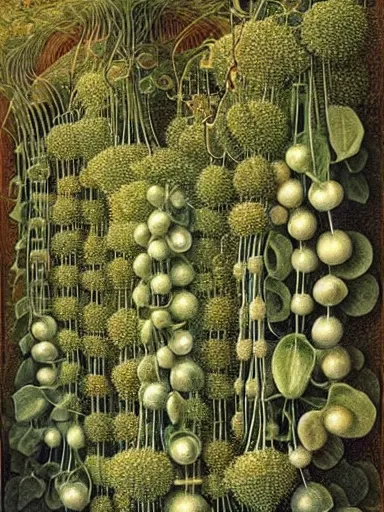 Prompt: The Hanging-Gardens of Pareidolia, ivy, string-of-pearls, verbena and pothos growing facial features and optical-illusions!!!!!, aesthetic, by Johfra Bosschart,