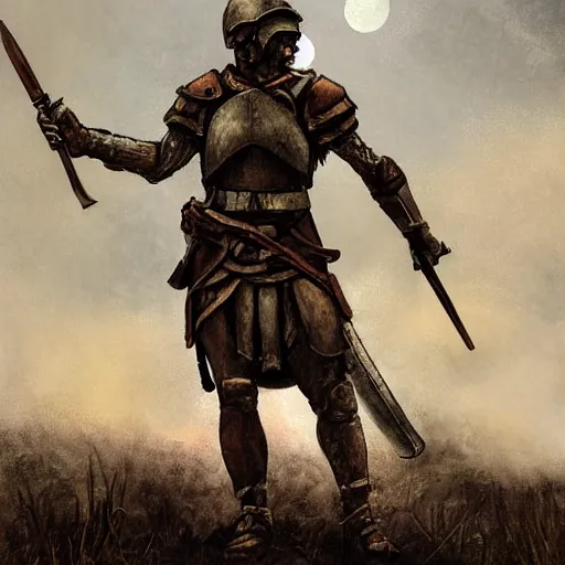 Image similar to Digital art of a tired spartan soldier on the battlefield in the style of an oil painting, acrylic, bleak, moonlight, detailed,