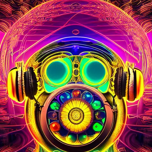 Prompt: hyperdetailed masterpiece portrait of a steampunk robot, covered in colorful glowing holy geometry and chakras, wearing headphones, symmetrical, 8 k, halluzinogenic, flourescent colors on black background